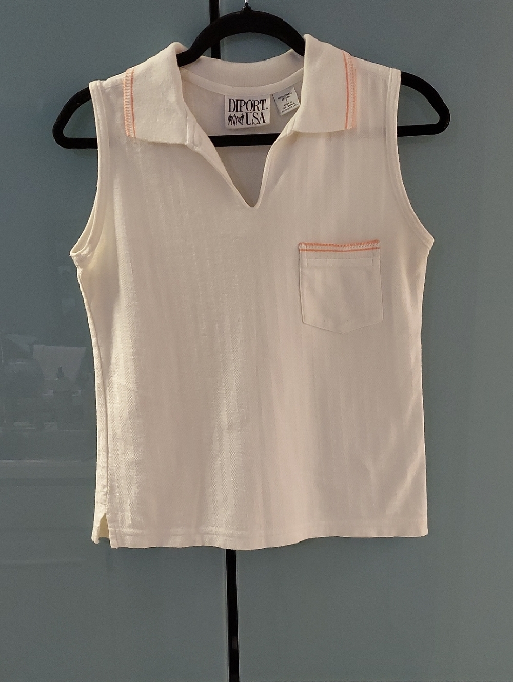 Diport USA Top, Size Small, White Cotton, Sleeveless, Collar, Vintage 90s